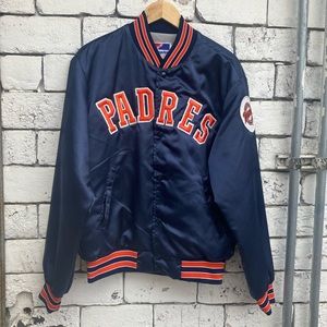 Vintage 90s SWINGSTER SAN DIEGO PADRES SPELL-OUT SATIN SNAP-BUTTON JACKET